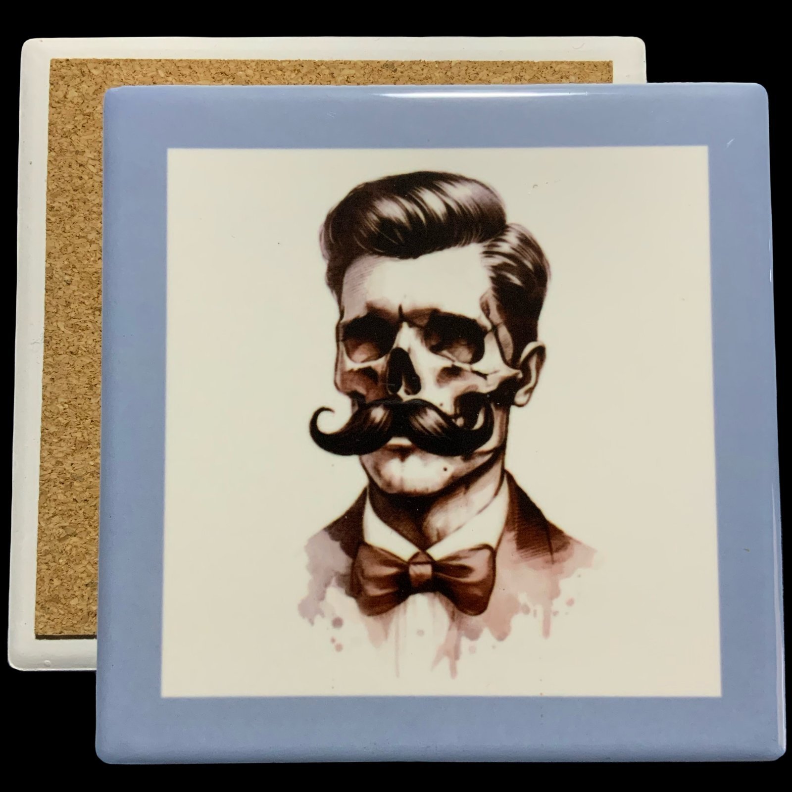 Posavasos calavera mod 16 1 Posavasos de Cerámica con marco azul y calavera con mostacho y traje pajarita - colección - smaap