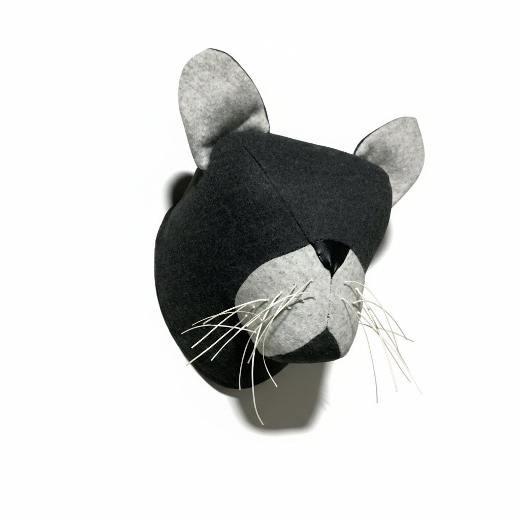 Cabeza de gato de tela 2 cabeza decorativa de tela con forma de gato, vista lado derecho, arte textil decorativo