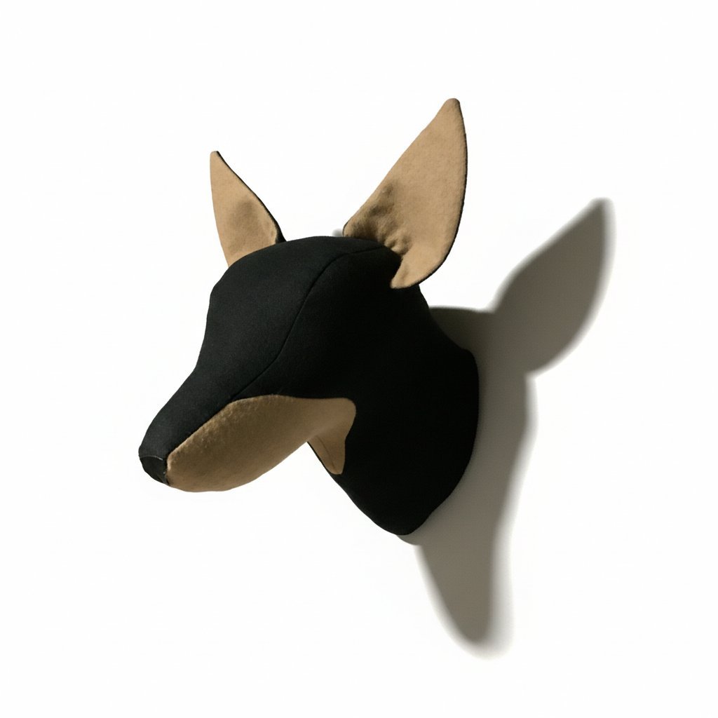 Cabeza de perro pincher de tela 2 cabeza de Perro Pincher de tela, vista lado izquierdo decoracion original de pared hecha a mano en nuestro taller. Una pieza de arte textil única para tu hogar -smaap