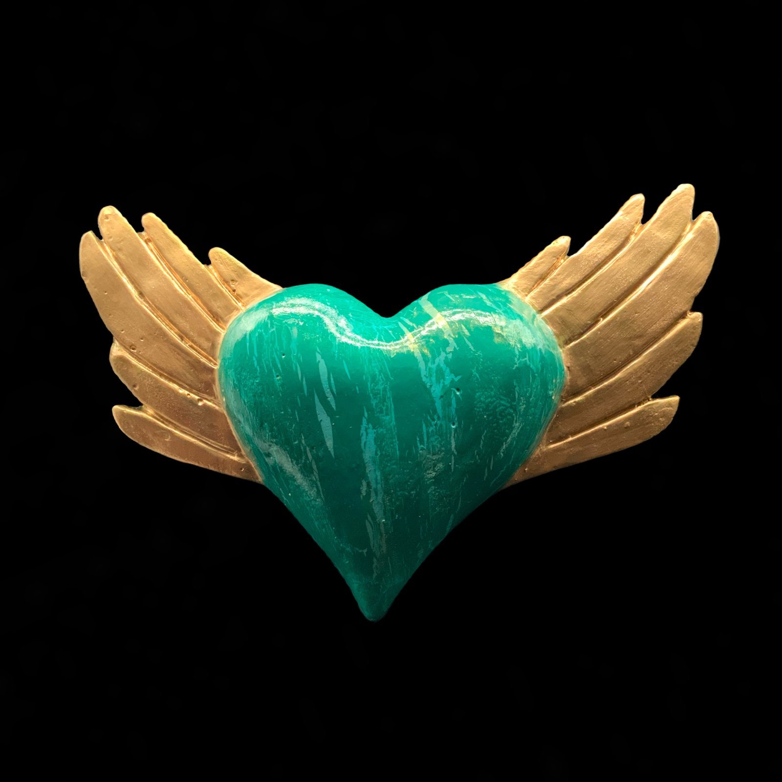 Corazón decorativo verde con alas 1 corazón artesanal decorativo con alas doradas y efecto jaspeado en tonos verdes