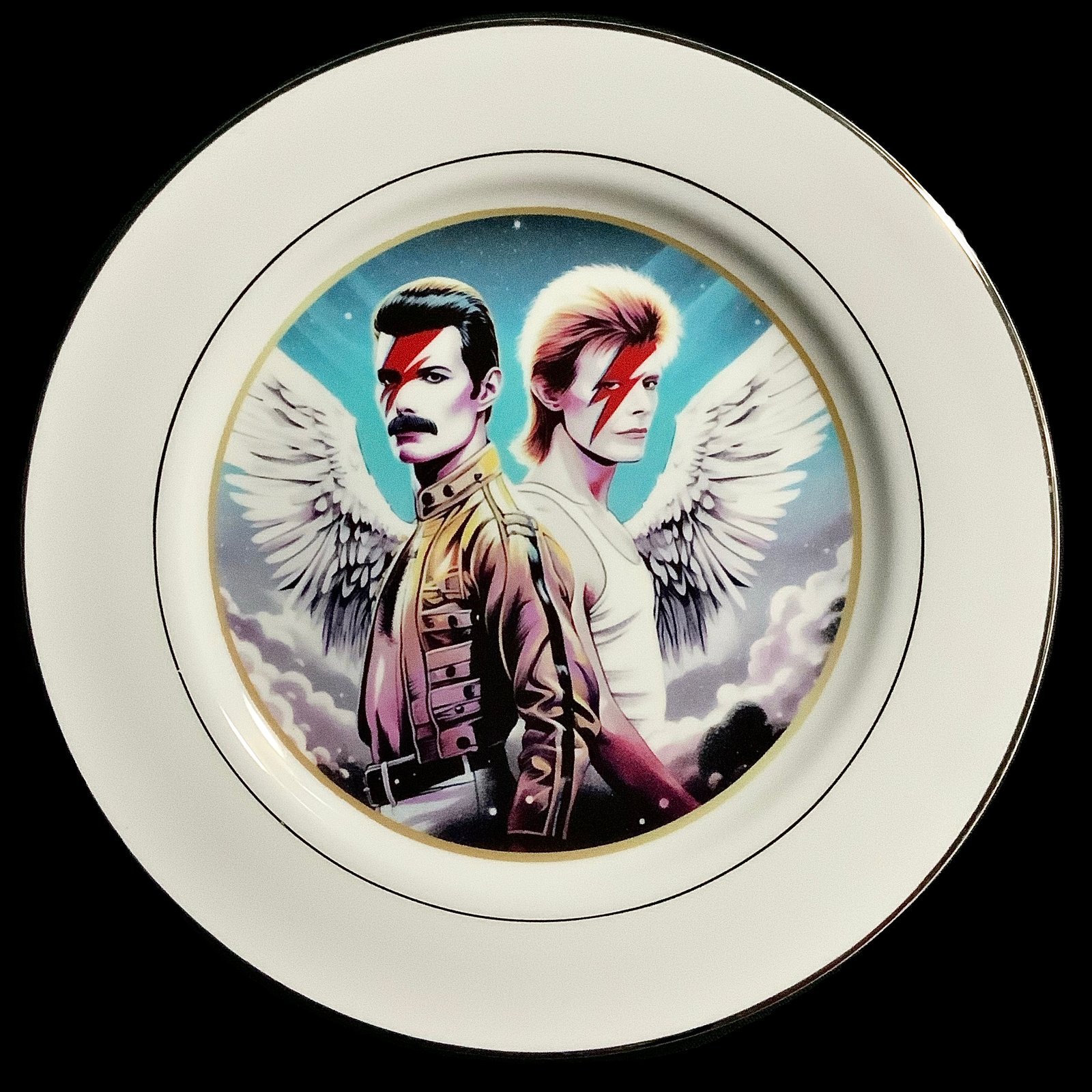 Plato decorativo Mercury Bowie 1 plato decorativo con delicado filo plateado, modificado con ilustración/collage inspirado en Freddie Mercury y David Bowie - decoracion - smaap