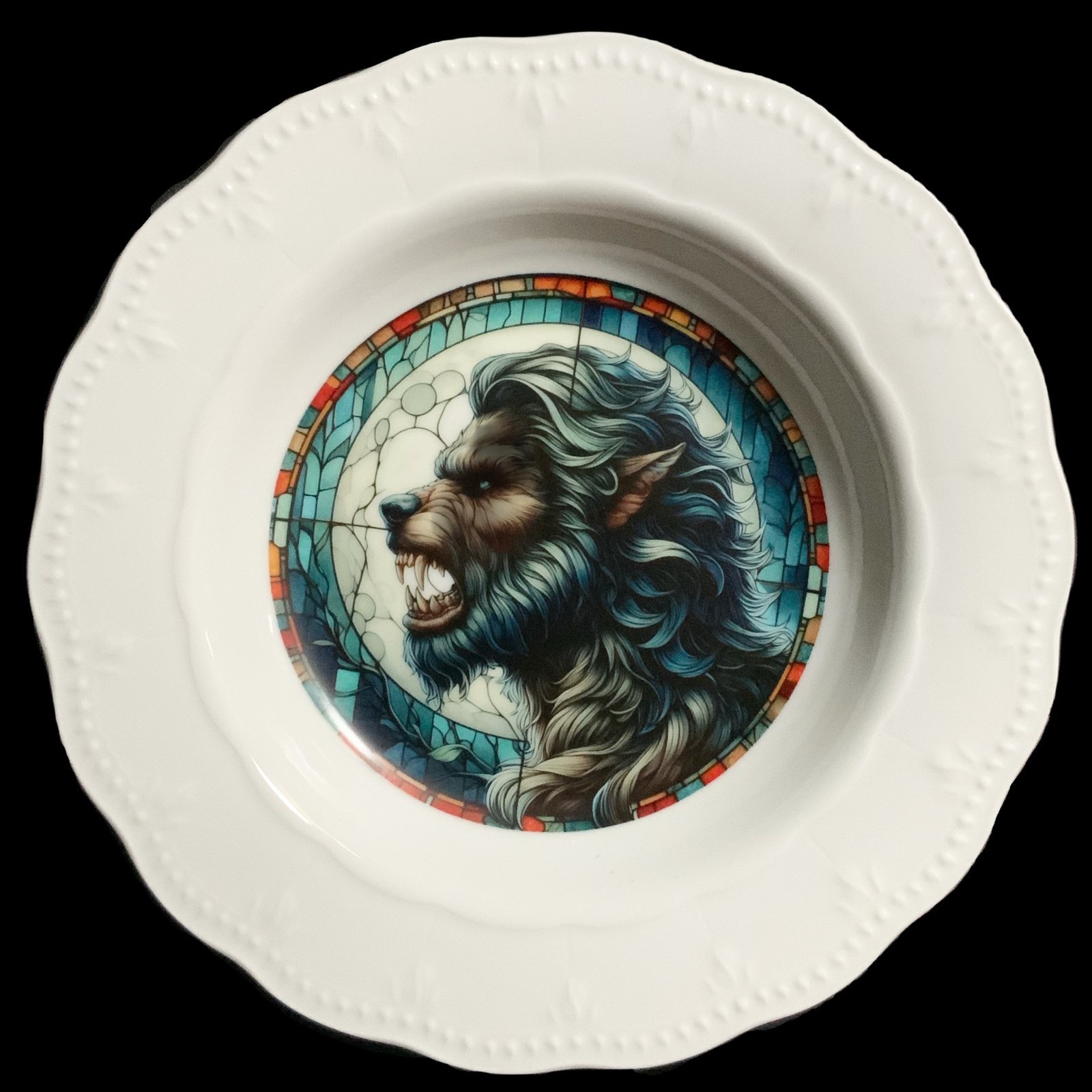 Plato decorativo hombre lobo 1 plato vintage con delicado filo dorado, modificado con ilustración/collage inspirado en el hombre lobo - decoracion - smaap