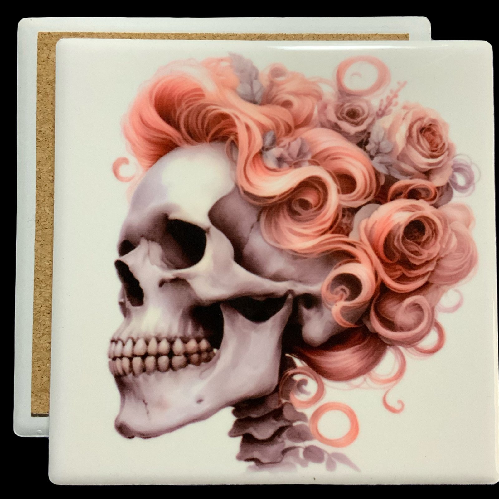 Posavasos calavera mod 5 1 Posavasos de Cerámica con calavera mujer de pelo rosa y flores - colección - smaap