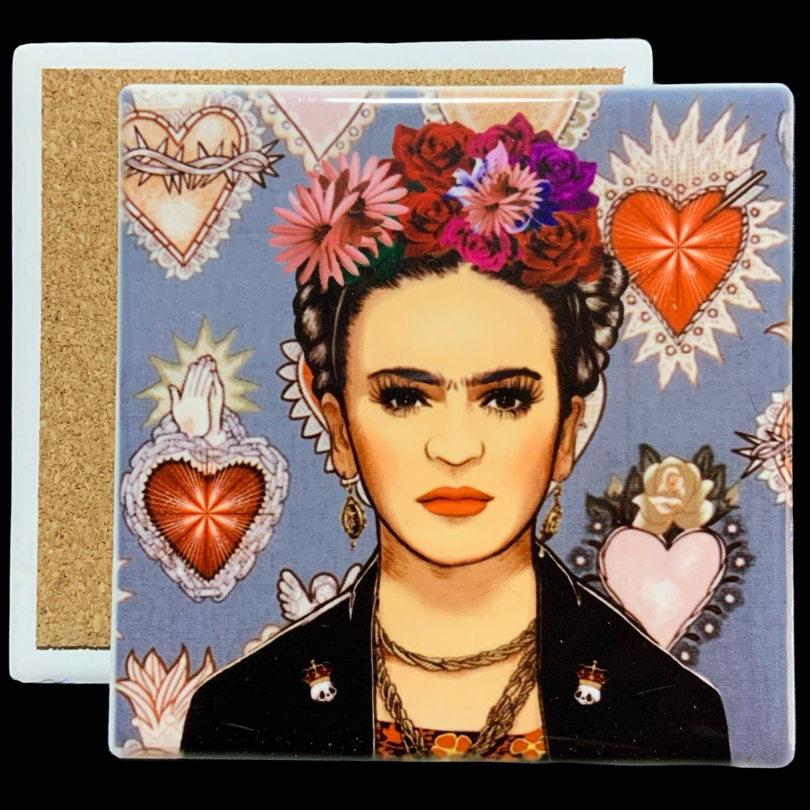 Posavasos Frida Kahlo azul 1 posavasos de ceramica inspirado en la pintora frida kahlo, tamaño 10x10 cm