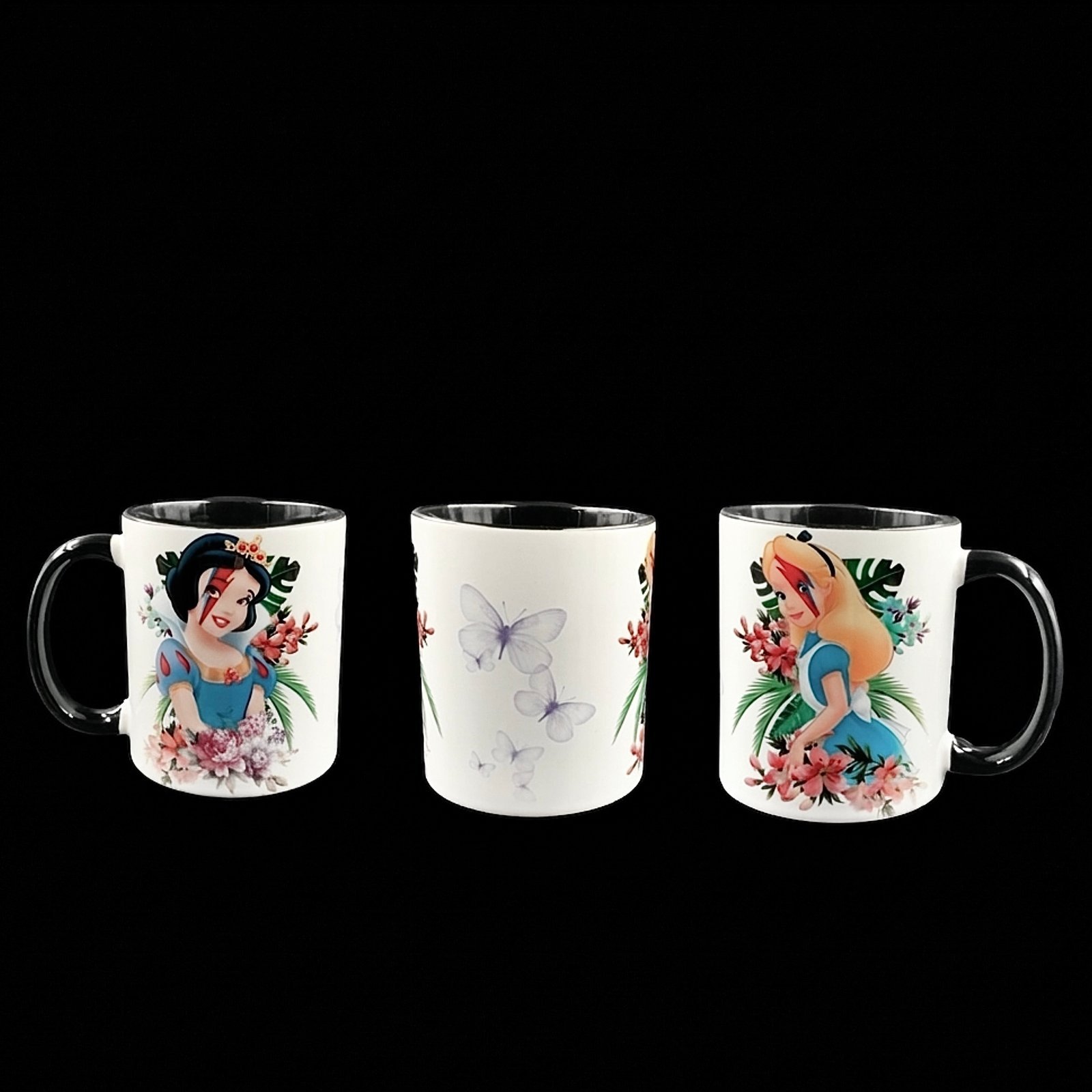 Taza Blancanieves y Alicia Bowie 4 Taza Blancanieves y Alicia Bowie, ceramica, detalle de todos sus lados